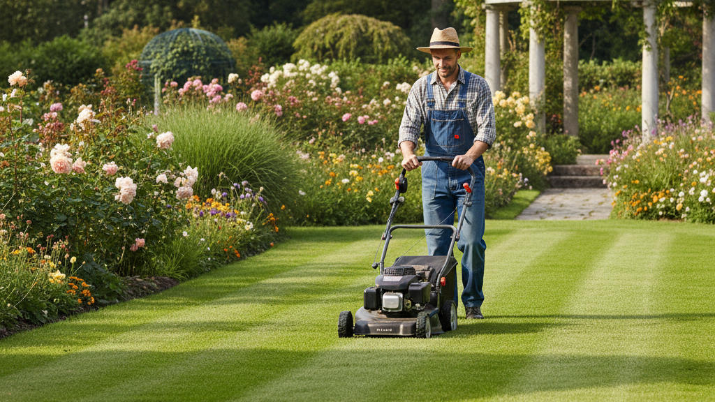 Un jardinier souriant tond la pelouse d'un grand jardin fleuri.